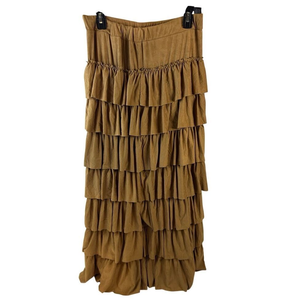 Grace Element Boho Style Maxi Tiered Skirt Brown Elastic Waist rn#93178 new